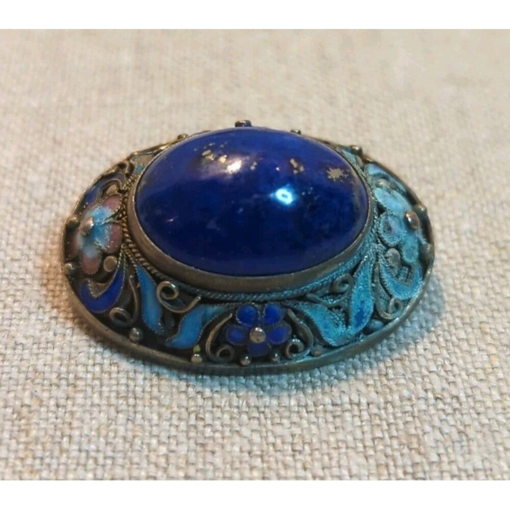 Early Chinese Export Blue Lapis Enamel Silver Gilt Filigree Brooch